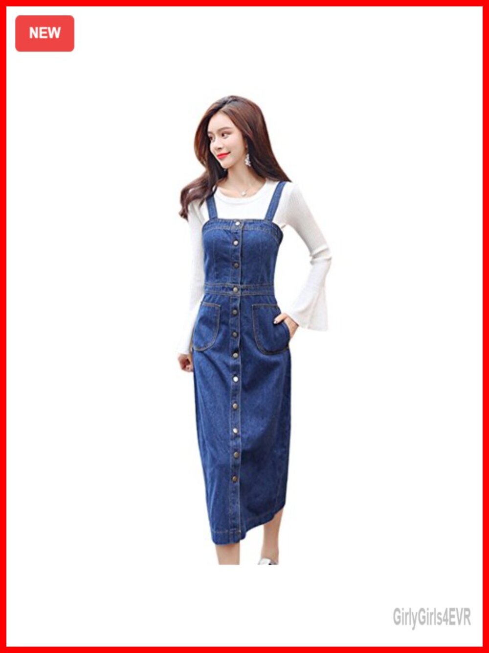 Women Denim Suspender Skirt Long Buttons Overalls Jean Dress